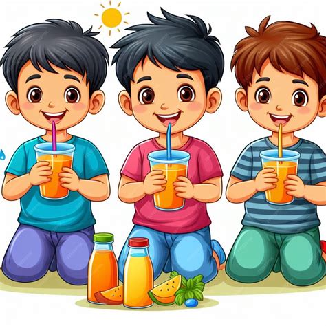 Ilustración de varios niños sonriendo mientras beben ponche de piña en vasos coloridos