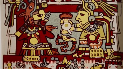 ilustracion de aztecas bebiendo chocolate en un ritual