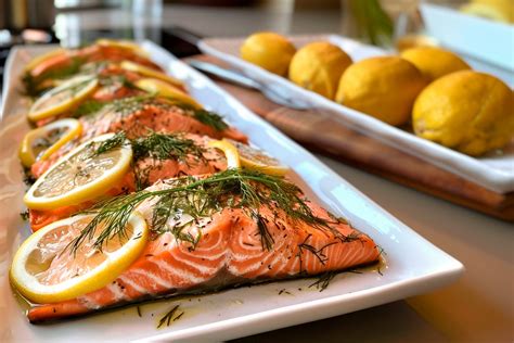 Salmón curado en una tabla con eneldo y limón