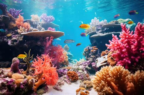 Imagen de un arrecife de coral vibrante con varios camarones de diferentes especies