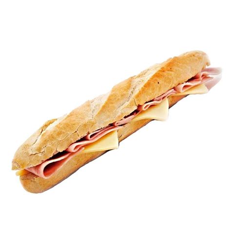 Baguette rellena con queso crema, tocino, jamón y lechuga, cortada en porciones