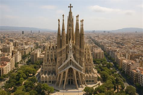 Fotografía aérea de la Sagrada Familia, mostrando sus múltiples torres y detalles