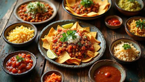 Variedad de platos mexicanos (tacos, nachos, quesadillas) servidos con pico de gallo.