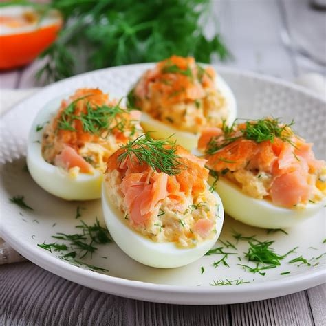 Imagen de huevos rellenos con salmón en un plato adornado