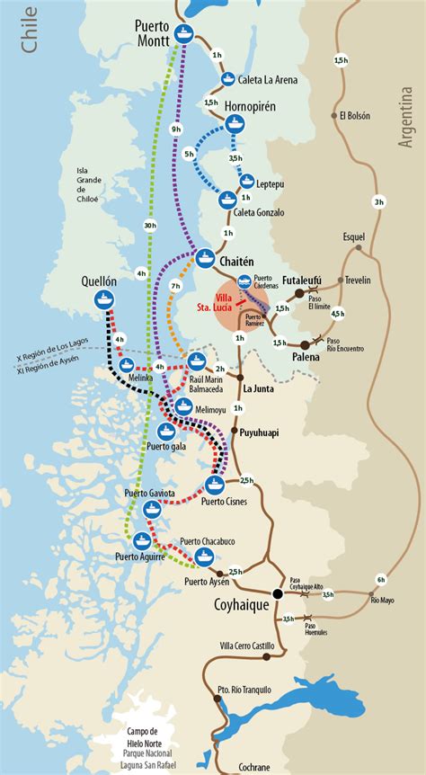 Mapa de la Carretera Austral con puntos gastronómicos destacados
