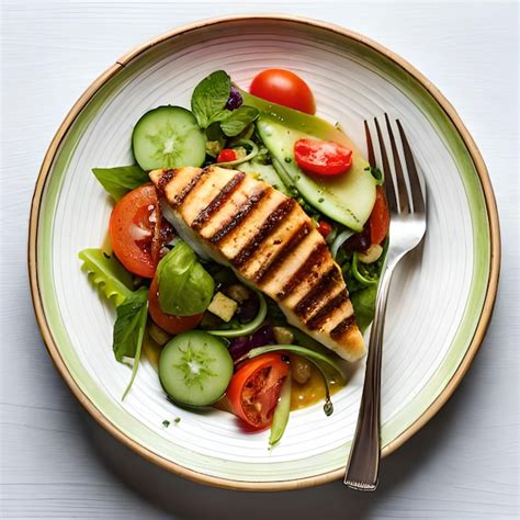 Plato de ensalada de pepino servida con pescado a la parrilla