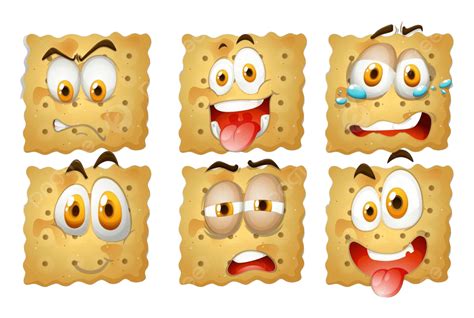 Ilustración de galletas con expresiones faciales, algunas sonriendo y otras con aspecto confundido.