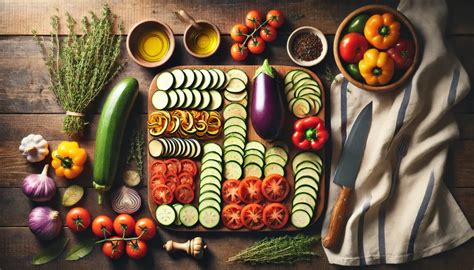 Ingredientes frescos para ratatouille: tomates, calabacines, berenjenas, pimientos, cebolla, ajo y hierbas sobre una tabla de cortar.