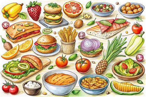 Ilustración de diversos ingredientes y platos cannábicos, destacando la variedad de preparaciones.