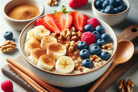Imagen de un desayuno saludable con avena, frutas y frutos secos.