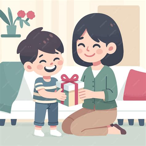 Ilustración de una madre recibiendo un regalo dulce en el Día de la Madre