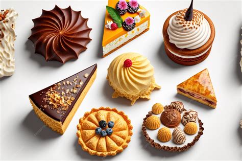 Composición de varios pasteles franceses clásicos: un macaron, un éclair, un trozo de Tarte Tatin y un París-Brest.