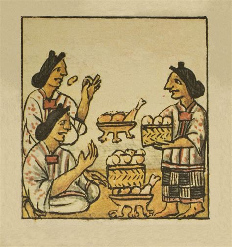 Mexicas tomando un almuerzo Códice Florentino, siglo XVI, mostrando el consumo de maíz.