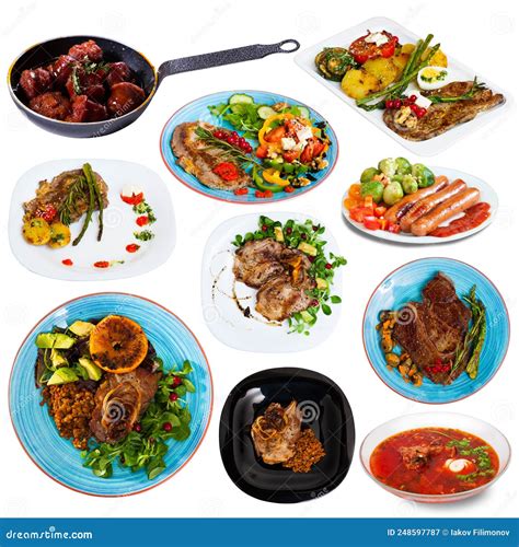 Collage de platos agridulces variados, incluyendo brochetas, carnes glaseadas y ensaladas frescas