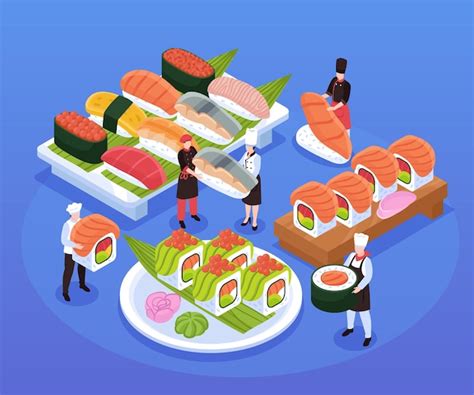 Ilustración de varios tipos de sushi fresco