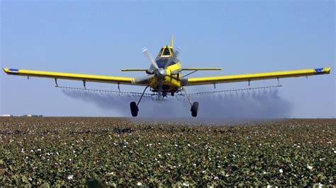 Imagen de un campo con una avioneta fumigando (contexto de pesticidas)