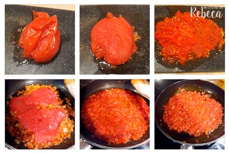 Infografía detallando los pasos de la preparación del sofrito y los tomates