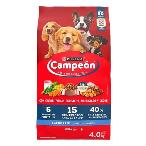 Foto de cachorro feliz comiendo croquetas Purina Campeón
