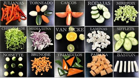 Esquema de técnicas básicas de corte para vegetales y frutas: rodajas uniformes, dados y formas geométricas.