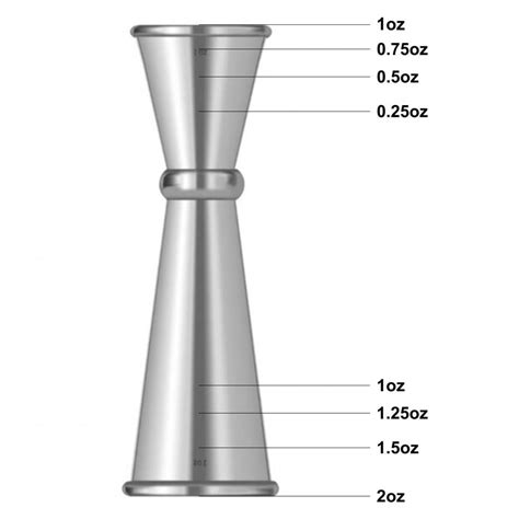 Esquema de un jigger, coctelera Boston y cuchara de bar, con indicaciones de medidas