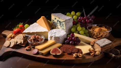 Composición de una tabla de quesos y patés con diversos panes, frutos secos y uvas.
