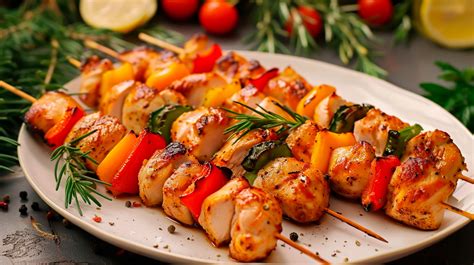 Brochetas de pollo y mango tropicales en una parrilla, con verduras