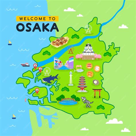 Mapa de Japón con Osaka resaltada y rutas comerciales de productos marinos