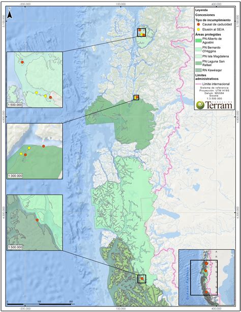 Mapa de la distribución de centros salmoneros en Chile