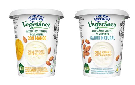 Ilustración de una variedad de productos veganos, incluyendo yogures, bebidas vegetales y alternativas proteicas, con etiquetas que resaltan sus características