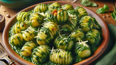Plato terminado de ñoquis de espinaca servidos con una salsa roja vibrante y queso parmesano rallado.