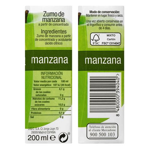 Etiqueta nutricional comparando zumo y manzana entera, destacando el azúcar