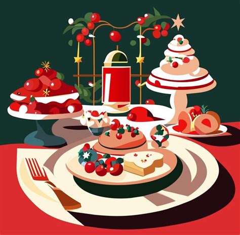 Ilustración de una mesa navideña con varios postres veganos coloridos y apetitosos.