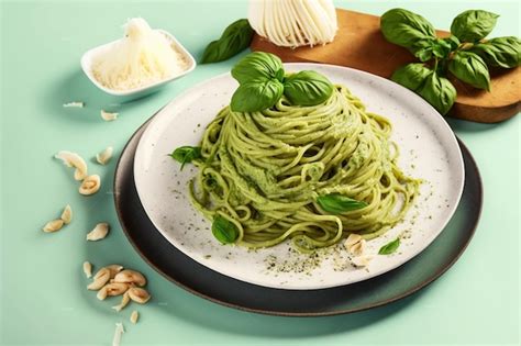 Plato de pasta con salsa verde y nueces