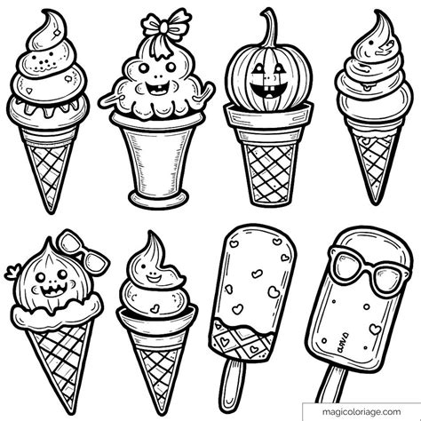 Dibujo de varios helados para colorear, estilo caricatura