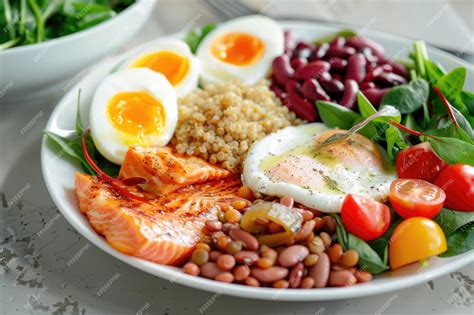 Plato de comida con alimentos ricos en proteínas (pescado, pollo), frutas, verduras y nueces
