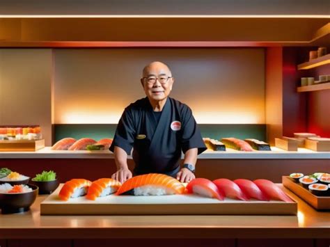 Fotografía de Jiro Ono trabajando en su barra de sushi en Tokio