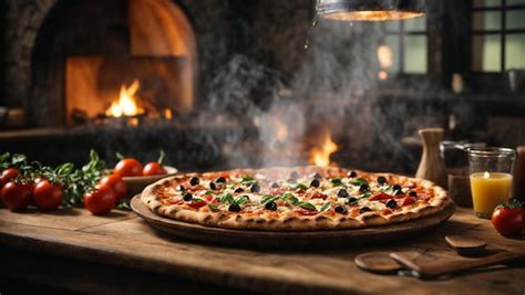 Foto de una pizza auténtica recién salida del horno con ingredientes frescos