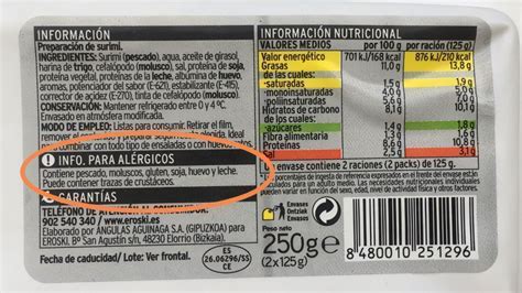 Ejemplo de etiqueta de alimentos con información sobre alérgenos