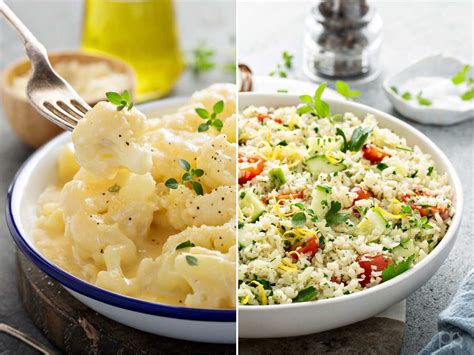 Variedad de platos con coliflor sin lácteos: pizza, bocados, sopa y frituras