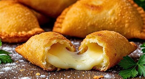 Empanadas de queso fritas recién hechas, doradas y crujientes, con queso fundido asomando