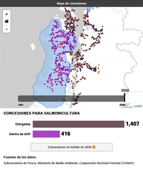 Mapa de centros salmoneros en áreas protegidas de Chile