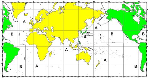 Mapa de las regiones IALA A y B que muestran la distribución global de los sistemas de balizamiento