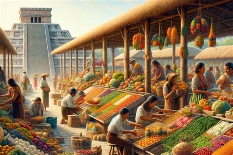 Ilustración de mercado prehispánico con alimentos