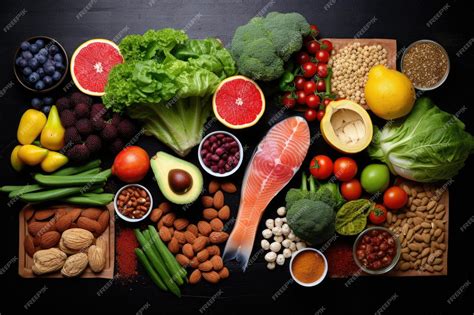 Plato variado de alimentos saludables: semillas de lino, productos de soja, pescado, verduras de hoja verde, frutos secos, granos integrales y aguacates.