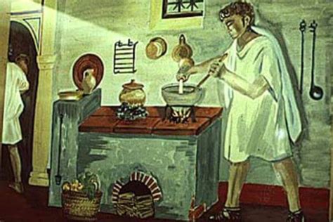Ilustración de una escena de cocina en la antigua Grecia, mostrando personas preparando láminas de masa o un plato similar a los fideos.