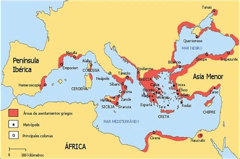 Mapa de las colonias griegas en el Mediterráneo antiguo, destacando su influencia en Etruria y el sur de Italia.