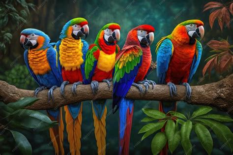 ilustracion de varios loros de diferentes colores volando en un bosque tropical