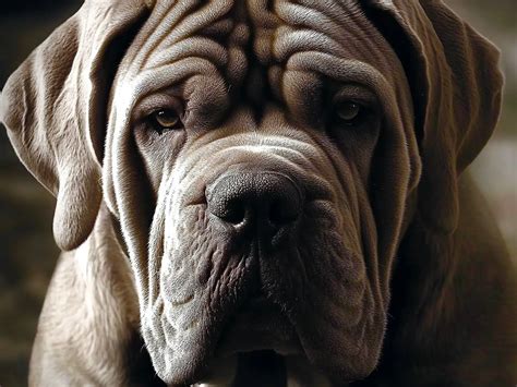 Imagen de un Mastín Napolitano adulto con su característica piel arrugada y mirada profunda.