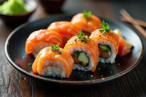 Fotografía temática de diversos rollos de sushi o un repartidor de comida a domicilio.
