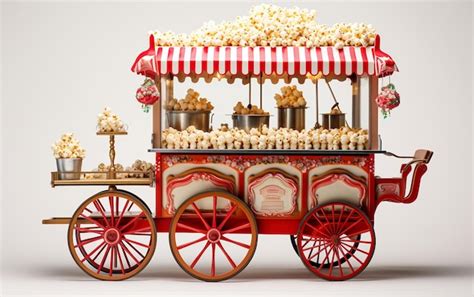 Foto de un carrito de palomitas de maíz vintage en un evento festivo con gente sonriendo